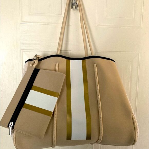 Handbags - Neoprene Large Hand Bag Tote Purse Beige w/ Gold Black & White Accents